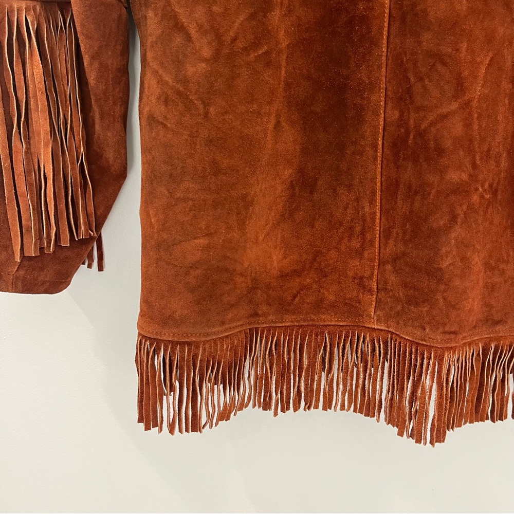 VINTAGE Chestnut Brown Suede Leather Fringe Western Boho Jacket | Women size xxl - Picture 7 of 11